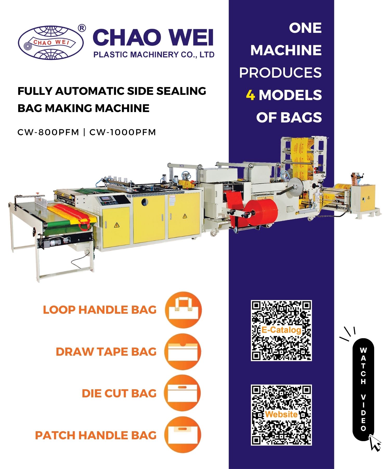 Side Sealing Loop Handle, Draw Tape, Die Cut & Patch Handle Bag Making Machine