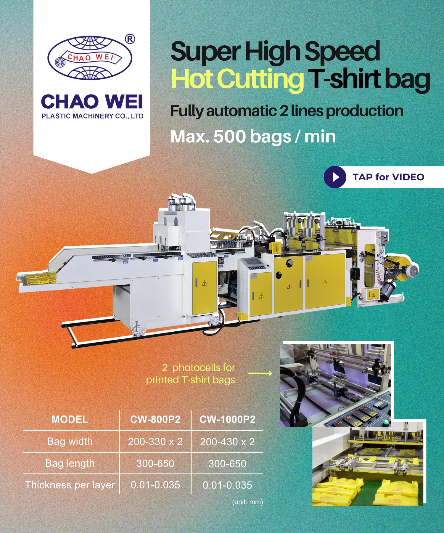 Super High Speed 2 Lines T-shirt Bag Making Machine With 2 Photocells