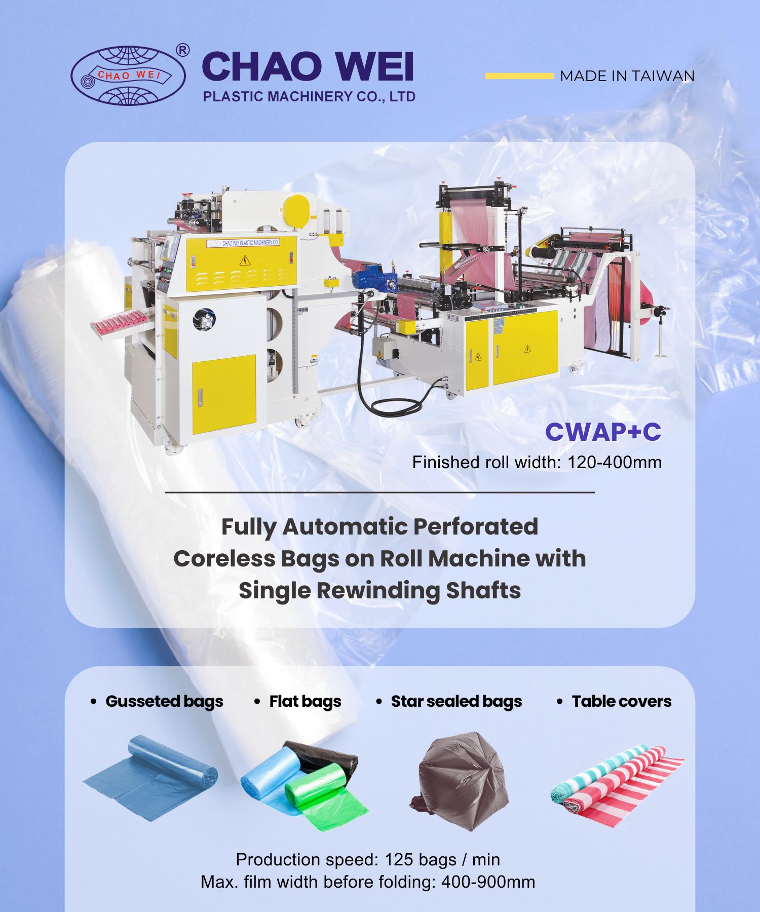 Fully Automatic Perforated Coreless Bags on Roll Machine with Single Rewinding Shafts